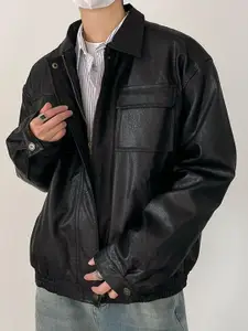 HERE&NOW Men Spread Collar Solid Casual Leather Jacket