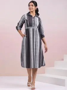 ZACCAI Striped Puff Sleeve A-Line Midi Dress