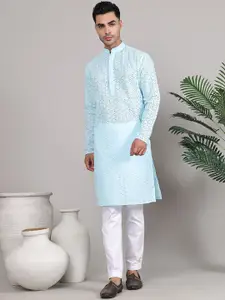 Majestic Man Floral Lucknowi Chikankari Embroidered Mandarin Collar Straight Kurta