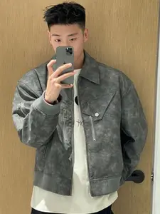 HERE&NOW Men Spread Collar Solid Leather Casual Leather Jacket