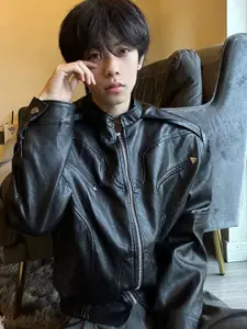 HERE&NOW Men Mandarin Collar Solid Leather Casual Leather Jacket