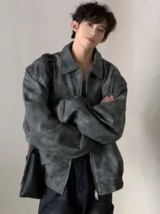 HERE&NOW Men Spread Collar Washed Self Design Casual Bomber Jacket