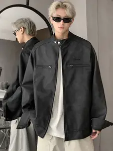 HERE&NOW Men Mandarin Collar Solid Leather Casual Leather Jacket