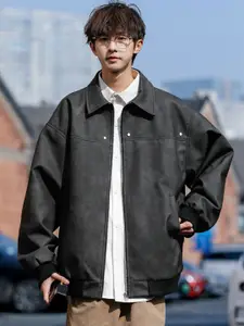 HERE&NOW Men Spread Collar Solid Leather Casual Leather Jacket