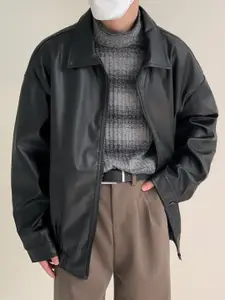HERE&NOW Men Spread Collar Solid Leather Casual Leather Jacket
