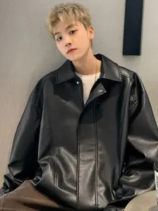 HERE&NOW Men Spread Collar Solid Leather Casual Leather Jacket