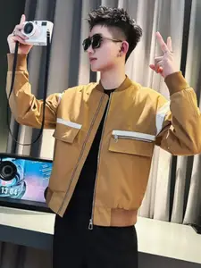HERE&NOW Men Stand Collar Solid Casual Bomber Jacket