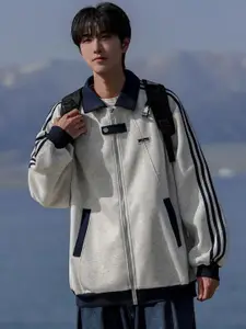 HERE&NOW Men Spread Collar Striped Casual Bomber Jacket