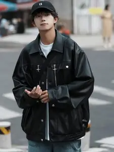 HERE&NOW Men Spread Collar Solid Leather Casual Leather Jacket