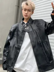 HERE&NOW Men Mandarin Collar Solid Leather Casual Leather Jacket