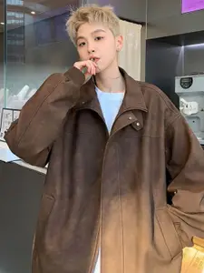 HERE&NOW Men Mandarin Collar Solid Leather Casual Leather Jacket