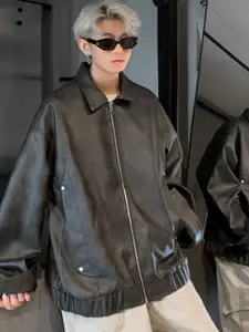 HERE&NOW Men Spread Collar Solid Leather Casual Leather Jacket