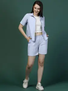 Moda Rapido Blue Textured Casual Cotton Blend Shirt & Inner With Shorts