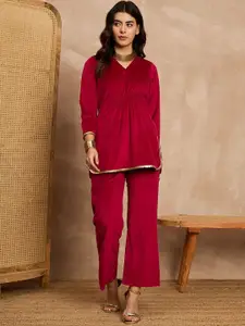 Sangria V-Neck Velvet Top With Trousers