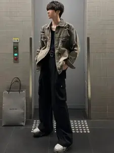 HERE&NOW Men Spread Collar Washed Casual Denim Jacket