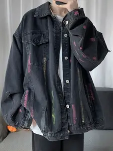 HERE&NOW Men Spread Collar Washed Self Design Casual Denim Jacket