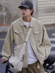 HERE&NOW Men Spread Collar Solid Cotton Casual Denim Jacket