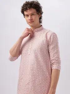 Anouk Pink Ethnic Motifs Embroidered Mandarin Collar Cotton Straight Kurta