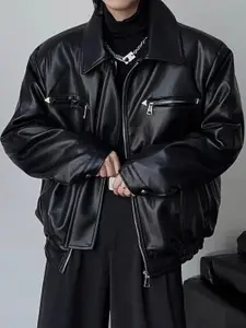 HERE&NOW Men Spread Collar Solid Leather Casual Leather Jacket