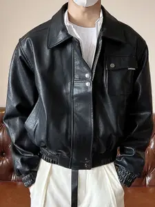 HERE&NOW Men Spread Collar Solid Leather Casual Leather Jacket