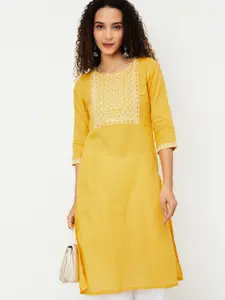 max Floral Printed Thread Work Cotton Straight Kurta