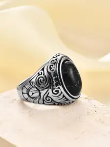 Peora Men Sliver-Plated Stainless Steel Stone-Studded Finger Ring