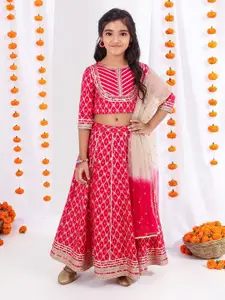 MASTARANG Girls Fuschia Brocade Three Fourth Sleeves Lehenga Set