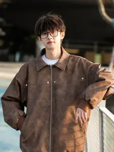 HERE&NOW Men Spread Collar Solid Leather Casual Leather Jacket