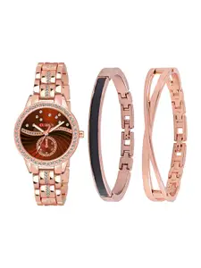 Curren Women Brass Embellished Dial Analogue Watch 1342-RSBR+JW-12&13-Rose Brown