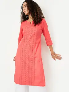 max Notch Neck Floral Woven Design Straight Cotton Kurta