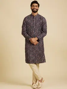 Manyavar Floral Printed Mandarin Collar Straight Kurta With Pyjamas