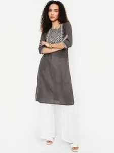 max Floral Embroidered Round Neck Sequinned Pure Cotton Straight Kurta