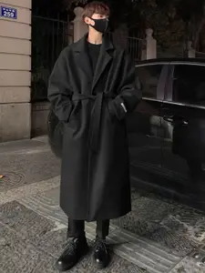 HERE&NOW Men Solid Notched Lapel Collar Overcoat