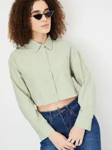 max Women Spread Collar Vertical Striped Cotton Boxy Casual Shirt