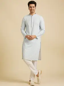Manyavar Mandarin Collar Chevron Embroidered Sequinned Pure Cotton Kurta with Pyjama