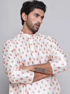 Jompers Floral Printed Mandarin Collar Silk Cotton Straight Kurta with Pyjamas