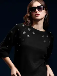 Tokyo Talkies Women Ribbed Pullover with Embellished Detail