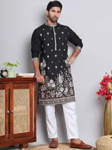 Jompers Floral Embroidered Sequinned Mandarin Collar Silk Cotton Straight Kurta & Pyjamas