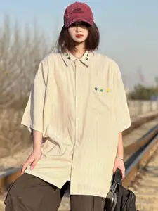 HERE&NOW Women Original Spread Collar Vertical Striped Oversized Casual Shirt