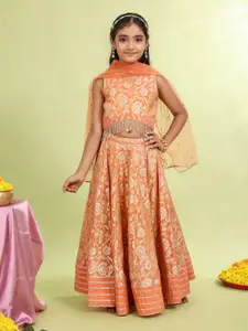 MASTARANG Girls Tissue Floral Embellished Lehenga With Blouse & Dupatta