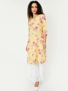 max Floral Printed V-Neck Three-Quarter Sleeves Regular Straight Kurta