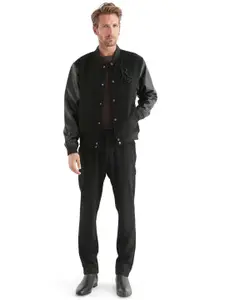 RARE RABBIT Men Stand Collar Typography Embroidered Casual Bomber Jacket