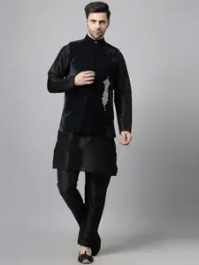 Utsav Fashion Mandarin Collar Straight Kurta With Trousers & Nehru jacket