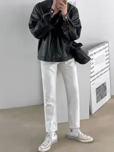 HERE&NOW Men Spread Collar Solid Leather Casual Leather Jacket