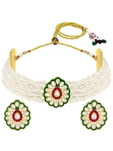 Peora Gold-Plated Stones-Studded & Beaded Necklace & Earrings