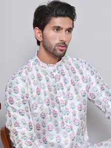 Jompers Floral Printed Mandarin Collar Silk Cotton Straight Kurta with Pyjamas