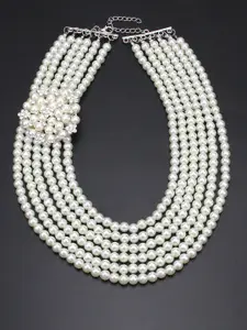 Peora Silver-Plated Stone Studded & Pearls Beaded Six Layered Necklace