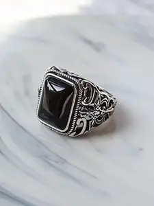 Peora Men Silver-Plated Stainless Steel Stone-Studded Adjustable Finger Ring