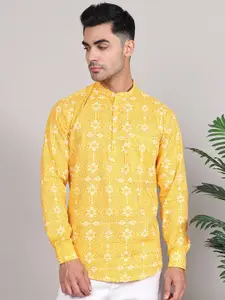 Majestic Man Majestic Floral Printed Band Collar Long Sleeves Regular Pure Cotton Straight Kurta
