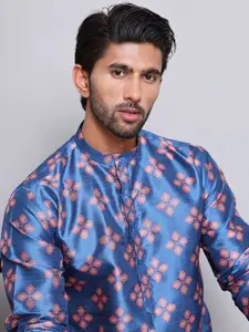 Jompers Floral Printed Mandarin Collar Silk Cotton Straight Kurta with Pyjamas